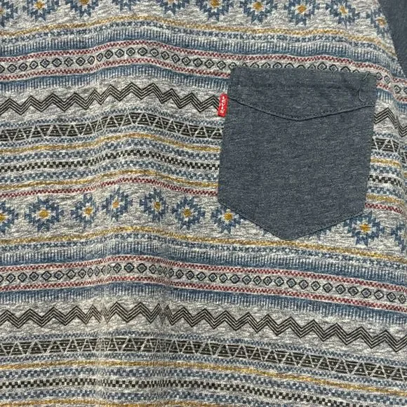 Levi’s Baseball T-shirt Mens L Blue Aztec Long Sleeve Raglan Crewneck Pocket - Picture 2 of 4